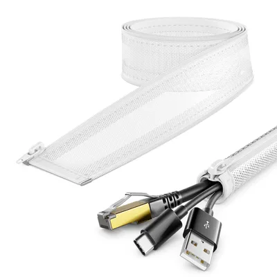 Produktbild von deleyCON 1,5m Kabelschlauch mit Reißverschluss 15mm Durchmesser Kabelmanagement Kabelkanal Kabelschutz Robuster Nylon Kabelmantel Haushalt Büro Schreibtisch Weiß