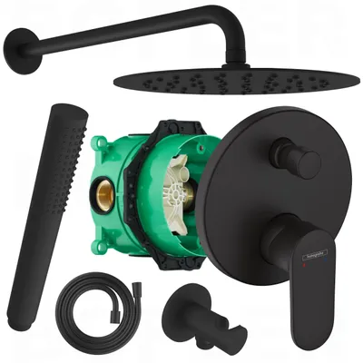 Produktbild von HANSGROHE VERNIS Blend Unterputz Brause Armatur + iBox | Inkl. BOFLER Duschset Duschanlage #42, Regendusche Ø20cm, Brausesearm, Brauseset matt schwarz