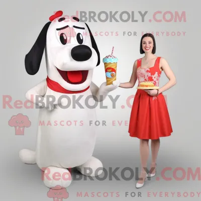 Produktbild von Maskottchen-Charakter REDBROKOLY eines weißen Hot Dogs gekleidet in ein Cocktailkleid und Clutch-Taschen