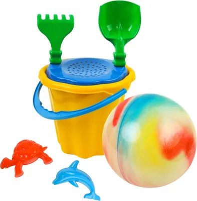 Image de Jeu de sable avec balles, seau, moules, râteau et pelle