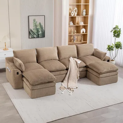 Produktbild von STILVORA Modulares Cordsofa 4-Sitzer mit 3-lagigem Schaumstoff und Federkern und frei kombinierbarem Design, Wohnzimmersofa mit Hockern mit 2 Hockern, Kissen und 2 Seitentaschen für Aufbewahrung, Kompressionssofa mit platzsparender Verpackung und ohne Montage für Wohnzimmer, Büro und Gästezimmer, Hellbraun