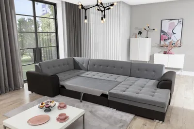 Produktbild von Ecksofa U-Form Damario aus Samt mit integrierter Bettfunktion, 340x190 cm
