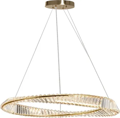 A gold ring-shaped chandelier with clear crystal accents, suspended by thin wires from a gold ceiling mount.