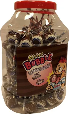 Produktbild von Mister Bubble Knotsen met Bubble Gum Vulling Cola 100 Stck pro Dose (Colalutscher mit Kaugummi Füllung)