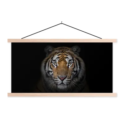 Produktbild von MuchoWow® Textilposter Tiger - Wildtiere - Porträt - Schwarz - Tiere 60x30 cm mit holzfarbenen Rahmen - Dekoration