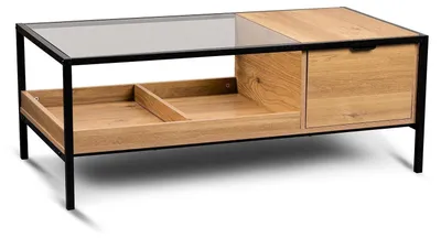 Produktbild von Couchtisch - 110 x 55 cm - 1 Schublade - Eiche Nachbildung - Schwarz - Glas - Metallgestell - mit Ablage