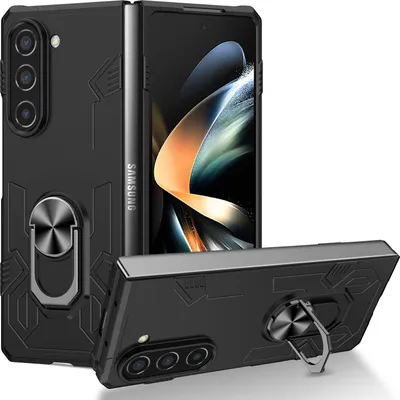 Image de Étui pour Samsung Galaxy Z Fold 5, étui en PC dur, antichoc avec support d'anneau et support noir