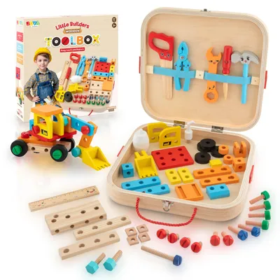 Produktbild von Joya Creative Hölzerner Werkzeugkasten 57-teilig –Werkzeugspielzeug mit Werkbank für Kinder