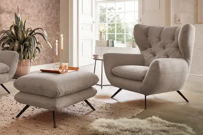 Produktbild von KAWOLA Sessel CHARME Hochlehnsessel Cord taupe mit Hockerbank