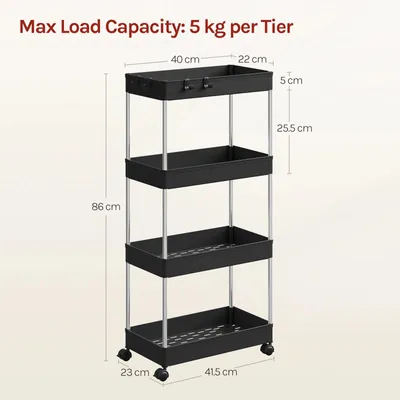Produktbild von Küchenwagen - Servierwagen - Schmal - 4 Ebenen - 22 cm Breit - 360° Rollen - Kunststoff - Schwarz