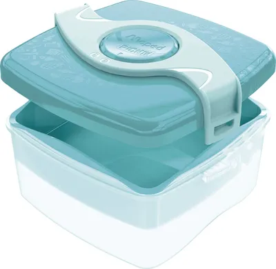 A turquoise and light blue lunch box with a transparent base and a patterned lid.