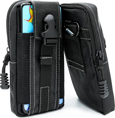 Two black phone pouches are shown side-by-side against a white background. The pouch on the left has a smartphone partially visible inside, and a black buckle closure. The pouch on the right is zipped closed and has a carabiner attached.