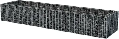 A long, rectangular gabion planter filled with stones, shown from a slightly elevated side angle against a white background.