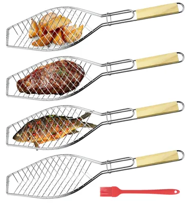 Produktbild von Fischbräter 4er Set, Edelstahl, 60 x 15 cm, Holzgriff und Ölbürste, für BBQ