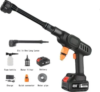 Immagine prodotto di Idropulitrice senza fili - Pistola ad acqua - Ugello 6 in 1 - Pressione 60 bar - Batteria 18 V 20000 mAh (1x) - Tubo flessibile 4-5 m - Nero