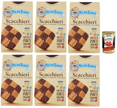 Produktbild von Mulino Bianco Biscotti Scacchieri Frolla con Caramello e Cioccolato, Kekse mit Karamell und Schokolade, biscuits cookies, 6x 300g + Italian Gourmet polpa 400g