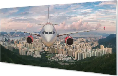 Produktbild von Glasbilder 120x60 Wandkunst City nach oben Flugzeug