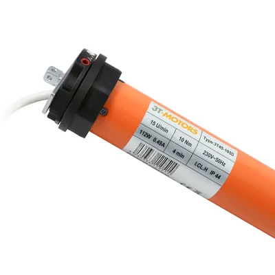 A close-up of an orange tubular motor with a label showing specifications.