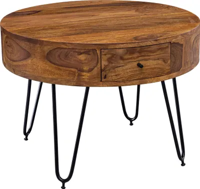 Produktbild von WOHNLING Couchtisch Sheesham Massivholz / Metall 60x44,5x60 cm Tisch Wohnzimmer Design Beistelltisch mit Schubladen Kleiner Wohnzimmertisch Rund Braun
