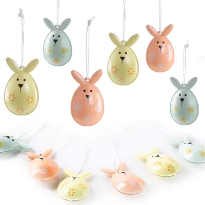 Produktbild von 12 bunte Osteranhänger aus Metall Osterhase gelb orange grün