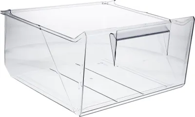 A clear plastic drawer from a refrigerator or freezer.