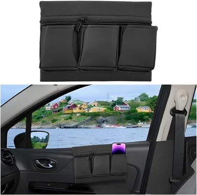 Produktbild von Leichter Ledermotorraum Organizer mit Ellenbogenstütze & Aufbewahrungsbox mit Vielzweckfächern, Universell für Autos - Schwarz