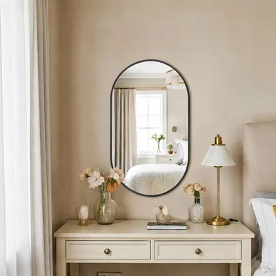 Immagine prodotto di Specchio decorativo Moonbite a forma di arco, vetro temperato ESG, 75 x 50 cm, colore nero. Specchio da parete con cornice in alluminio, ideale per ingresso, soggiorno o camera da letto
