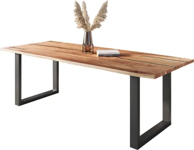 Produktbild von Baumkantentisch Akazie mit schwarzen Resin-Adern naturfarben 260 x 100 cm U-Gestell schwarz POLLY