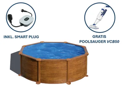 Produktbild von GRE Runder Stahlwandpool mit Holzoptik Ø 350 x 132 cm, Serie Mauritius + Smart Plug + GRATIS Elektrischer Poolreiniger ELECTRIC VAC PLUS