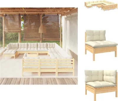 Produktbild von vidaXL 13-tlg. Garten-Lounge-Set mit Creme Kissen Kiefernholz -  Gartenmöbel-Sets