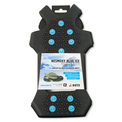 A pair of black Yate Blue Ice Nesmeky (crampons) with blue metal studs, presented on a white background with packaging.