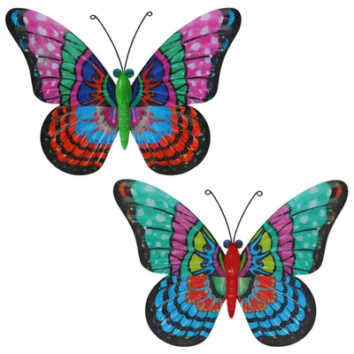 Image de Ensemble de 2 papillons métalliques pour jardin – Décoration murale colorée pour jardin, clôture ou balcon – 32,5 x 23,5 cm
