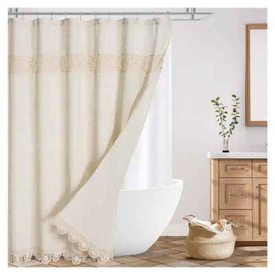 Produktbild von Langer Boho-Bauernhaus-Duschvorhang aus dickem Leinen-Baumwollstoff, 72x84 cm, Beige/Creme