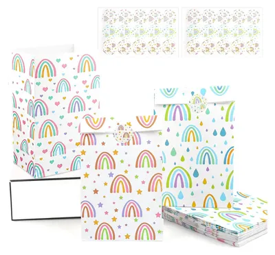 Produktbild von 40 Stück Geschenktüten Kindergeburtstag, Mitgebsel Tüten mit 48 Aufkleber, Papiertüten Kindergeburtstag, Geburtstagstüten Kinder, Geschenktüten Klein für Mitgebsel Kindergeburtstag, Hochzeit, Party #2 Regenbogen | 18 Stück