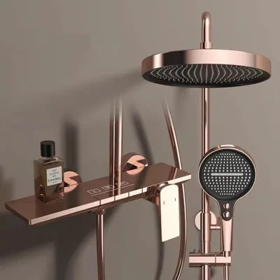 Immagine prodotto di Sistema doccia a pioggia, miscelatore con altezza regolabile, 32,5 cm, soffione con 4 getti, doccetta manuale, finitura oro rosa