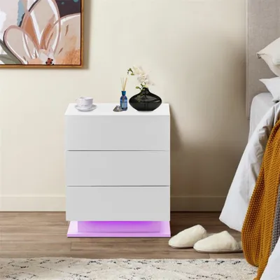 Produktbild von CLIPOP Nachttisch mit LED und 3 Schubladen,  Hochglanz, 50x35x60cm, Weiß