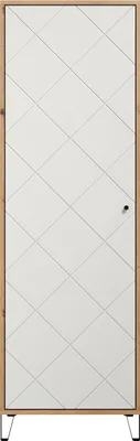 A tall, narrow wardrobe with a white door featuring a diamond pattern and a wooden frame, standing on thin metal legs.