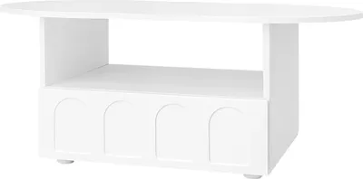 A white, oval-shaped coffee table with a shelf and decorative arched panels on the front.