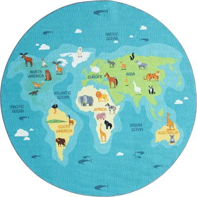 Produktbild von Kinderteppich Spielteppich Kinderzimmer Teppich Kontinente Blau Rund