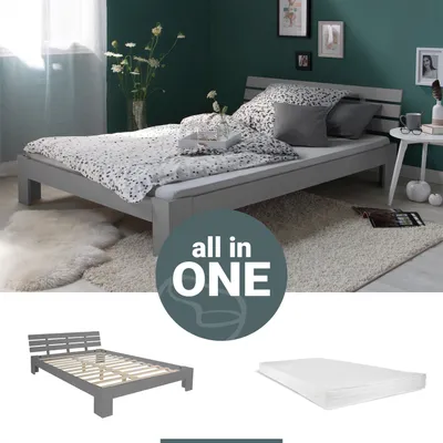 Produktbild von Homestyle4u 2261, Holzbett Doppelbett 120x200 mit Matratze und Lattenrost Bett Grau Holz Kiefer Bettgestell Futonbett