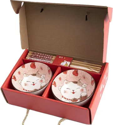 Produktbild von Lachineuse – Maneki-Neko-Reisschalen-Set (2 Schalen) – mit Essstäbchen