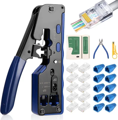Produktbild von RJ45-Crimpwerkzeug-Set mit Netzwerktester, 50 Stecker