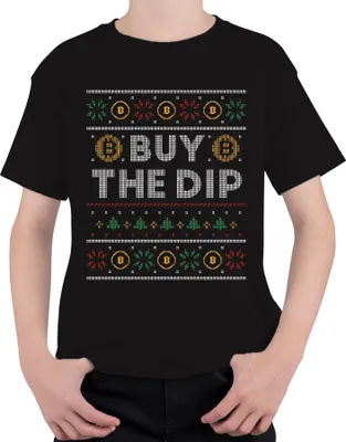 Produktbild von Bitcoin BUY THE DIP - Ugly Christmas Sweater Crypto Weihnachtsgeschenk Uni Kinder T-Shirt, Schwarz, 104