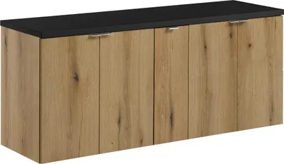 Zdjęcie produktu dla Szafka Łazienkowa 140 Cm Z Czarnym Blatem I Frontami W Kolorze Dębu