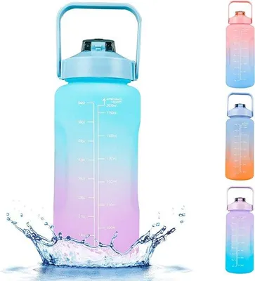 Produktbild von Unyqoos® Wasserflasche 2 L, BPA-frei, mit Zeitmarkierung & Motivationszitaten, Sportflasche mit Strohhalm, auslaufsicher, Klappdeckel, für Gym, Outdoor, Büro