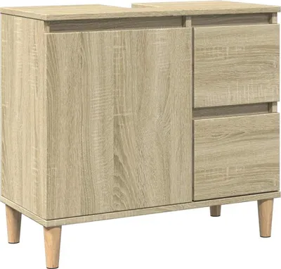 A product image of a wooden cabinet with two drawers on the right and a door on the left, standing on four legs.