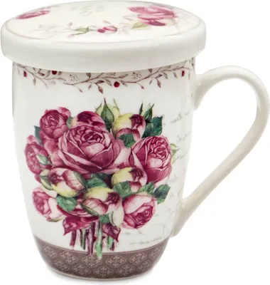 Obrázek produktu pro Hrnek porcelán se sítkem a víčkem 340ml KVĚT RŮŽE