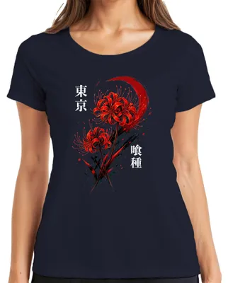 Productafbeelding van Rood T-shirt met afbeelding van de "Red Spider Lily" (Higanbana), een Japanse bloem, in een Y2K-stijl, met een Aziatisch thema, voor dames, marineblauw, maat L