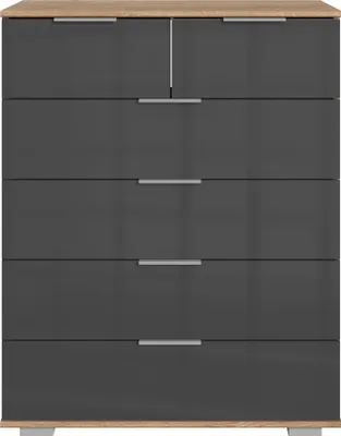 Produktbild von Schubkastenkommode "Easy Plus Kommoden" in Plankeneiche mit 6 Schubladen und Absetzungen in GLAS GREY. Abmessungen (BxHxT) 82x102x42 cm