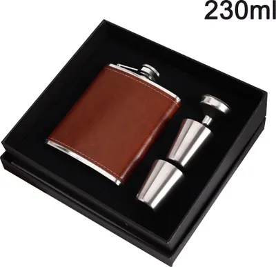 Produktbild von 304 Edelstahl Flachmann mit Trichter Set für Outdoor und Camping, Flachmänner Geschenk für Männer - Leder - 8 oz, 230ml